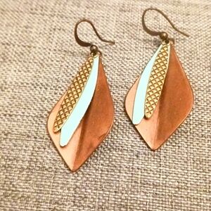 Copper and Gold Metallic Earrings w/ Light Blue Accent - Pre-loved (2.25")